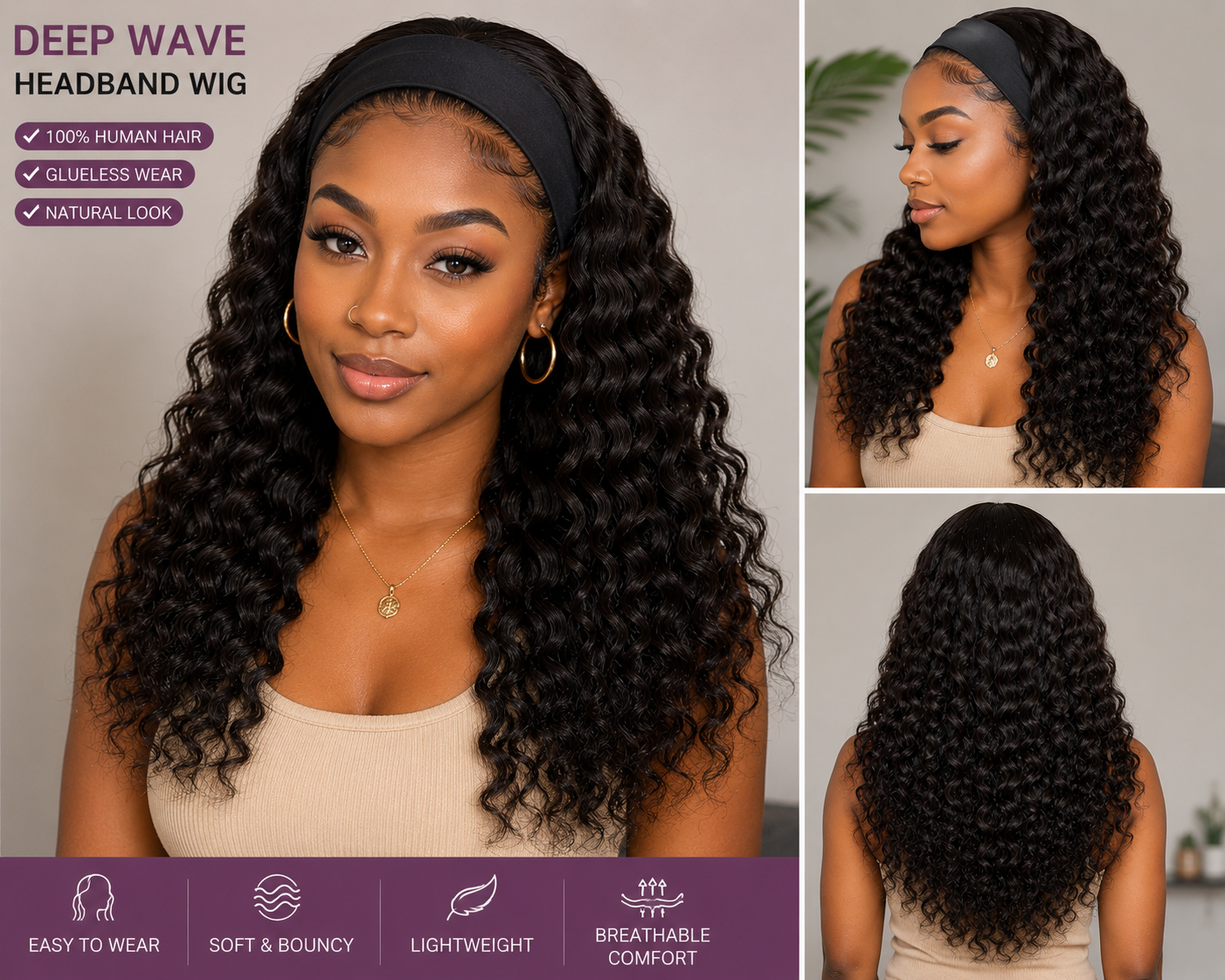 Deep Wave Human Hair Headband Wig