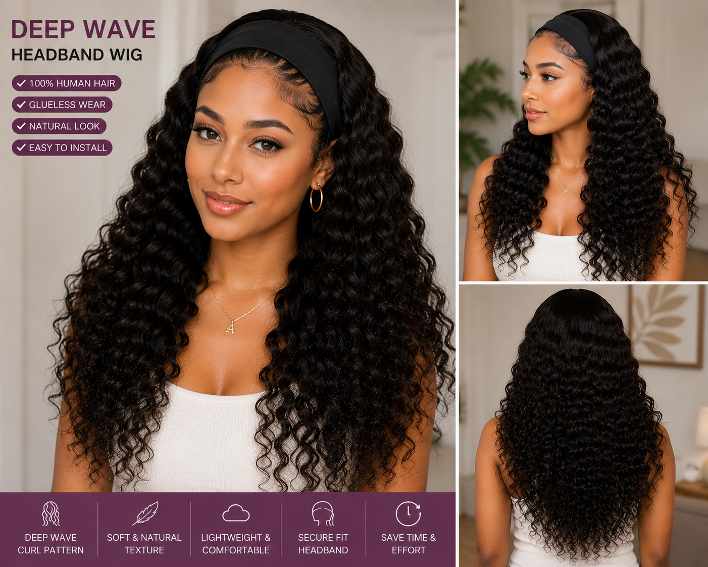 Deep Wave Human Hair Headband Wig